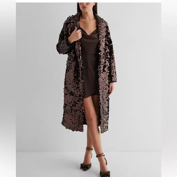 Express NWT Sequin One Button Trench Coat Bronze Brown Size Small - Picture 1 of 10